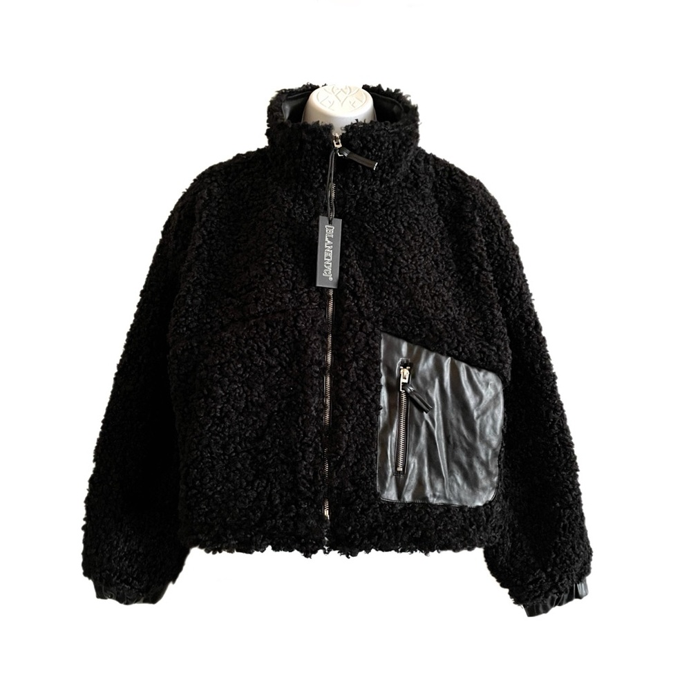Blank NYC Faux Shearling with Faux Leather Trim Bomber Jacket Black
